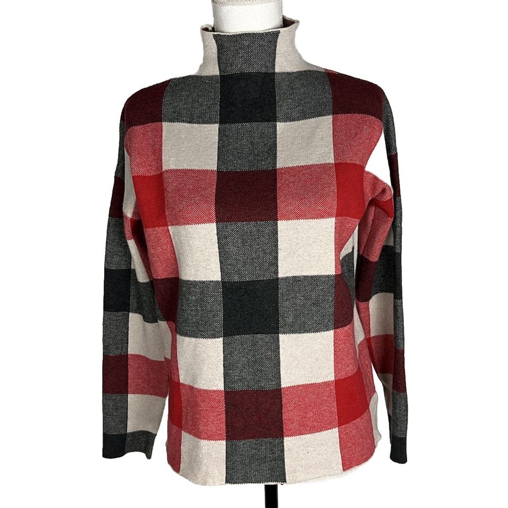 Tahari Sweater Top Womens S Red Gray Plaid High Neck Long Sleeve Casual